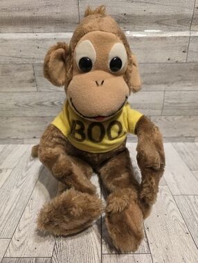 Brown Monkey Plush Toy with Yellow 'BOO' Shirt - Soft Stuffed Animal